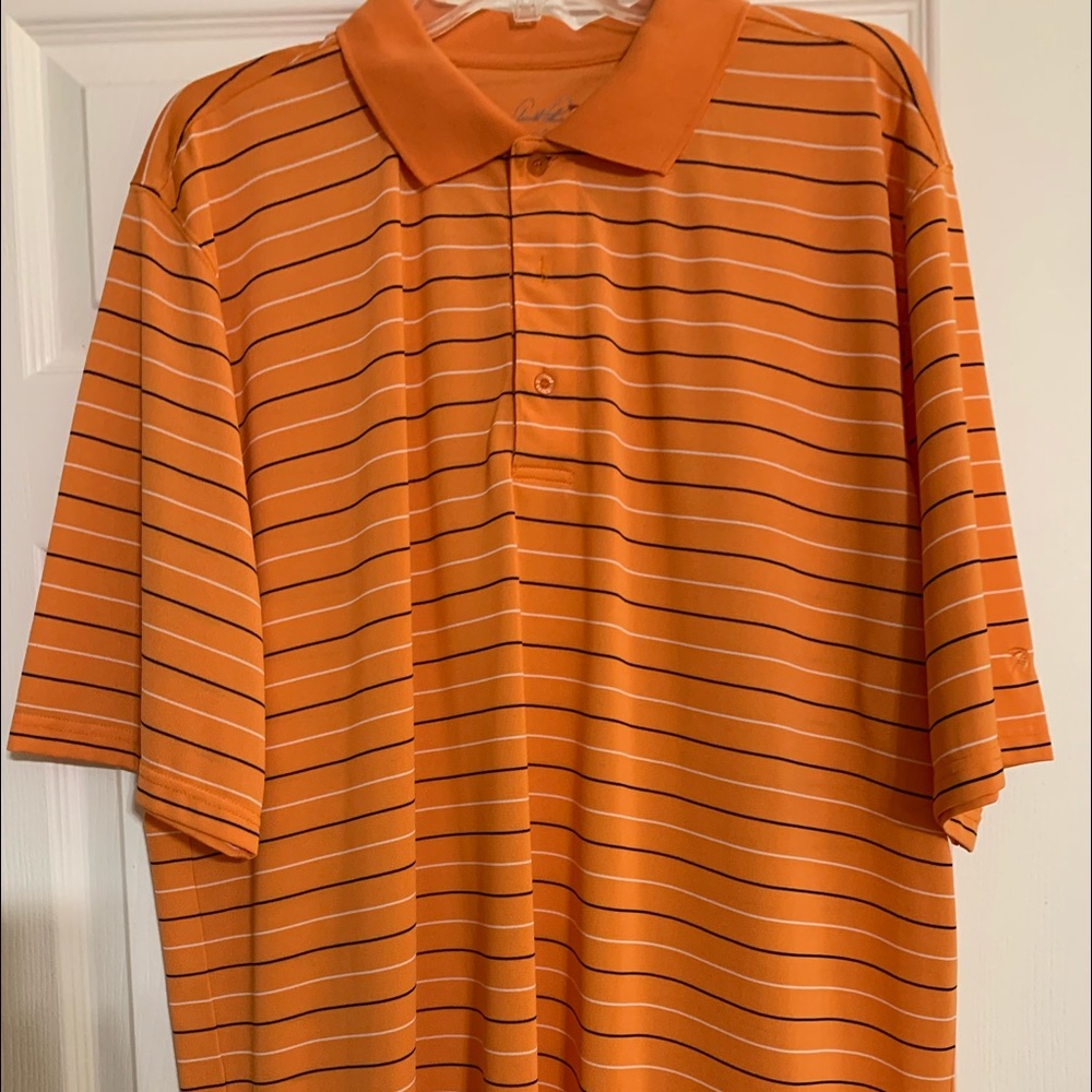 Orange stripped polo golf shirt.